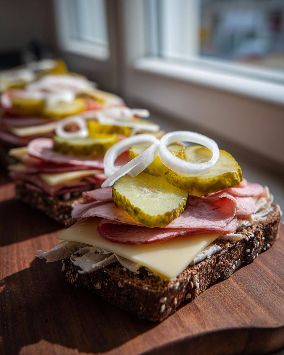 Nahaufnahme einer herzhaften Brettljause auf dunklem Brot mit Käse, Aufschnitt, Gewürzgurken und Zwiebelringen.