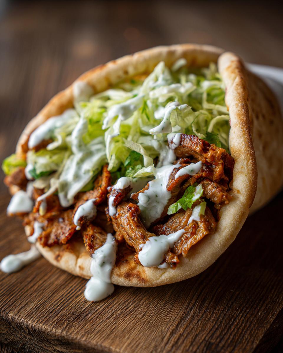 Nahaufnahme einer saftigen Schnelle Gyros-Pita aus der Pfanne gefüllt mit Fleisch, Salat und viel Tzatziki.
