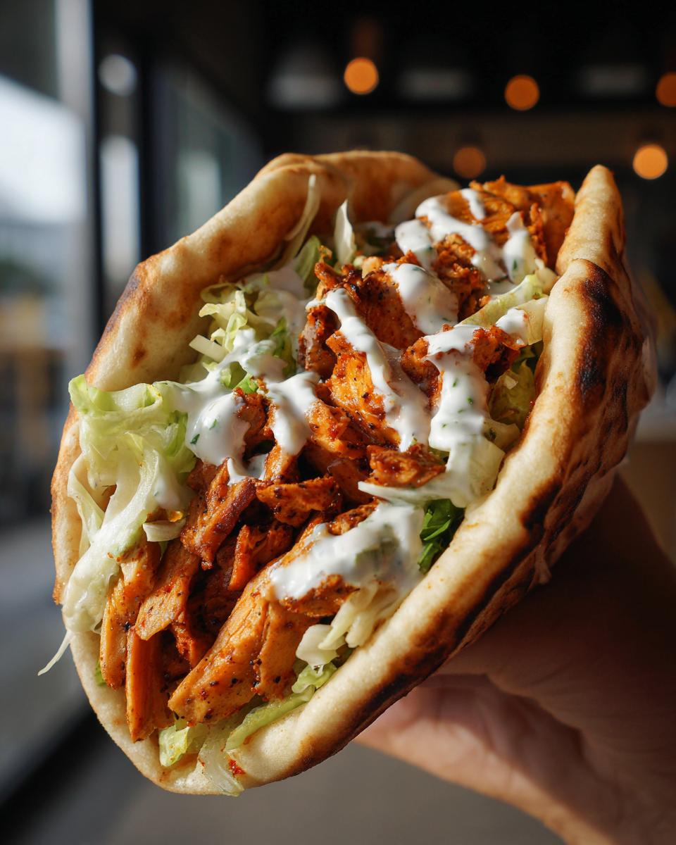 Eine saftige, gefüllte Schnelle Gyros-Pita aus der Pfanne mit gewürztem Fleisch, Salat und viel Joghurtsauce.