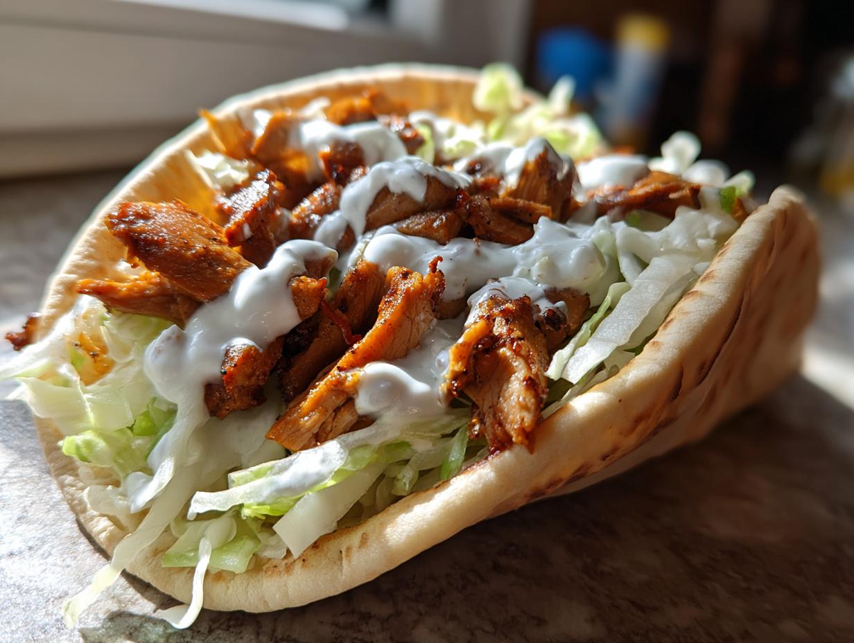 Nahaufnahme einer gefüllten Pita mit saftigem Fleisch, Salat und viel weißer Soße – perfekt für schnelle Gyros-Pita aus der Pfanne.