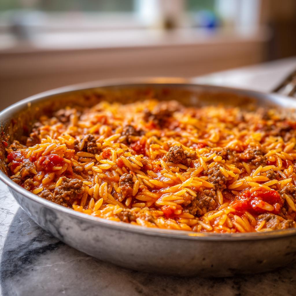 Nahaufnahme der fertigen, dampfenden Kritharaki-Hackfleisch-Pfanne mit viel Tomatensauce und Hackfleischstücken.