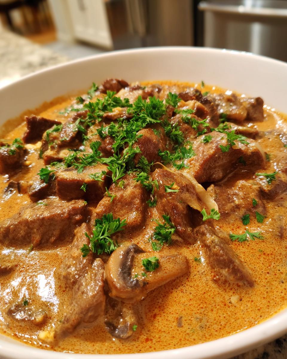 Nahaufnahme von saftigen Fleischstücken in cremiger Sauce, garniert mit Petersilie: Schnelle Rahmgeschnetzelte à la Stroganoff.