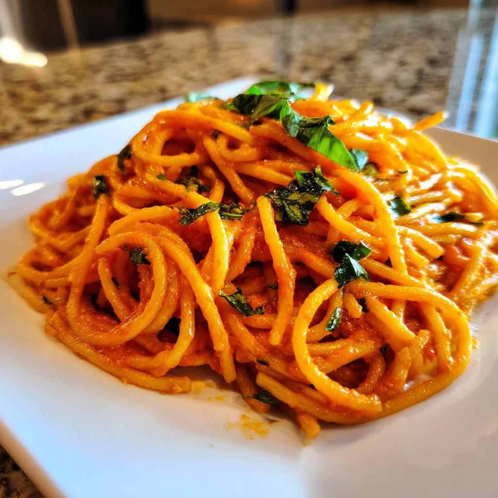 Nahaufnahme von cremiger Schnelle Tomaten-Sahne-Pasta, garniert mit frischen Basilikumblättern auf einem weißen Teller.