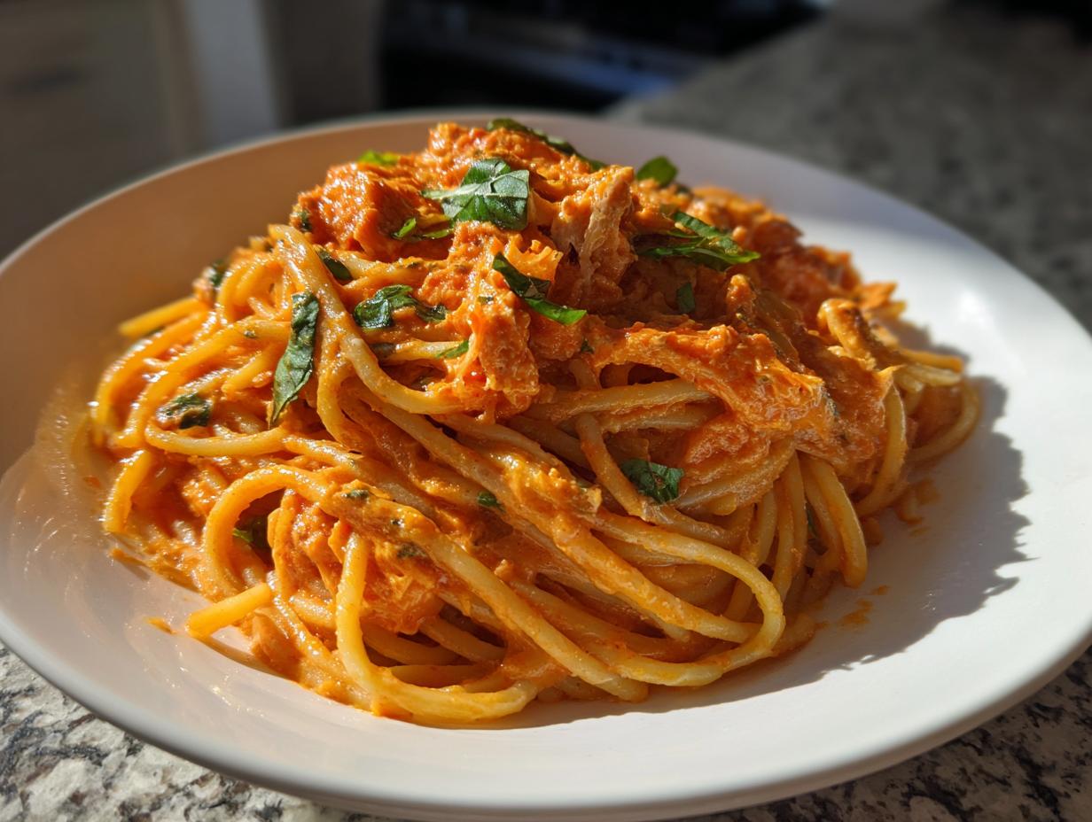 Nahaufnahme einer cremigen Portion Schnelle Tomaten-Sahne-Pasta, garniert mit frischem Basilikum.