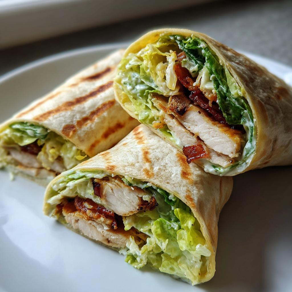 Zwei Hälften eines aufgeschnittenen Chicken Caesar Wrap mit gegrilltem Hähnchen, Speck und Salat.