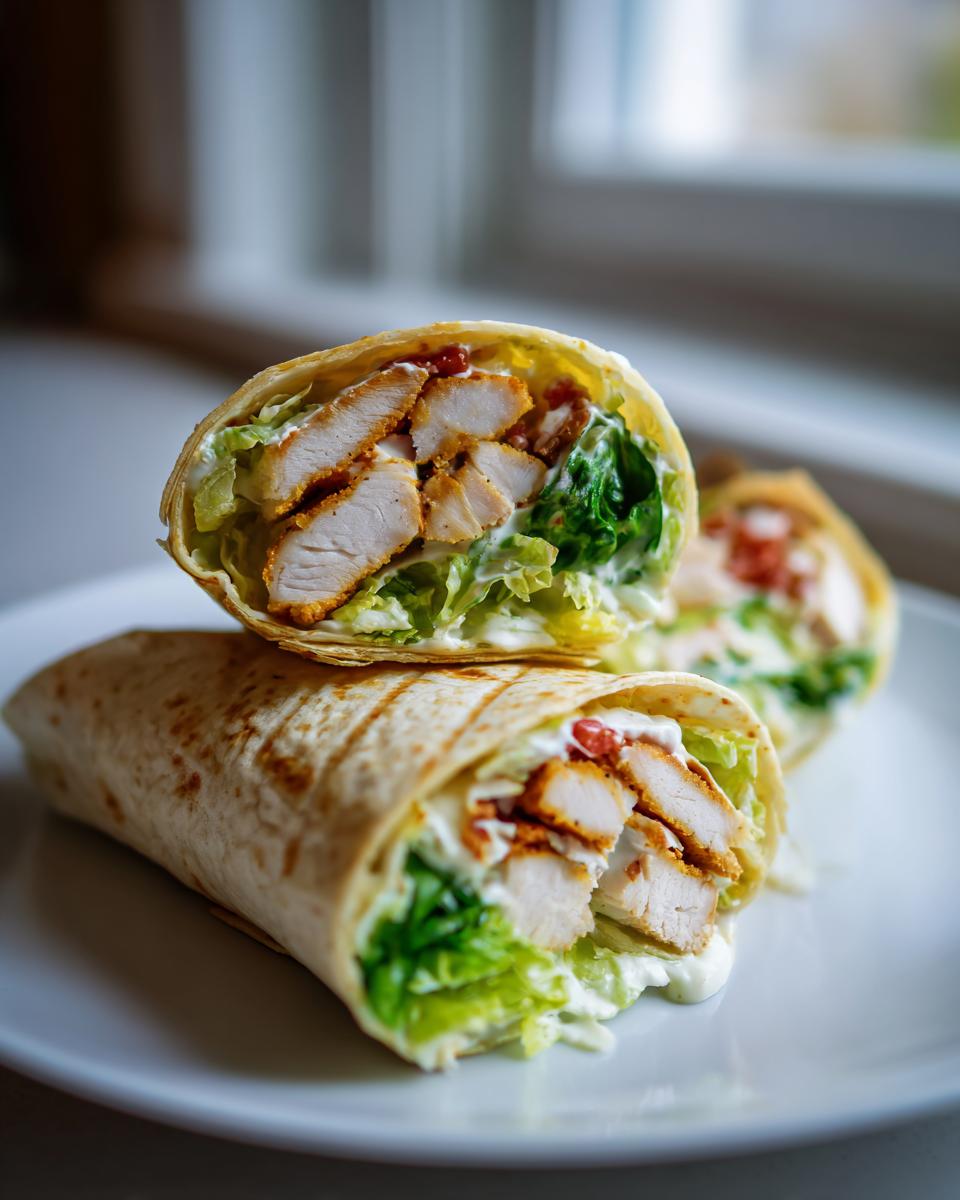 Nahaufnahme von zwei Hälften eines köstlichen Chicken Caesar Wrap, gefüllt mit knusprigem Hähnchen und knackigem Salat.