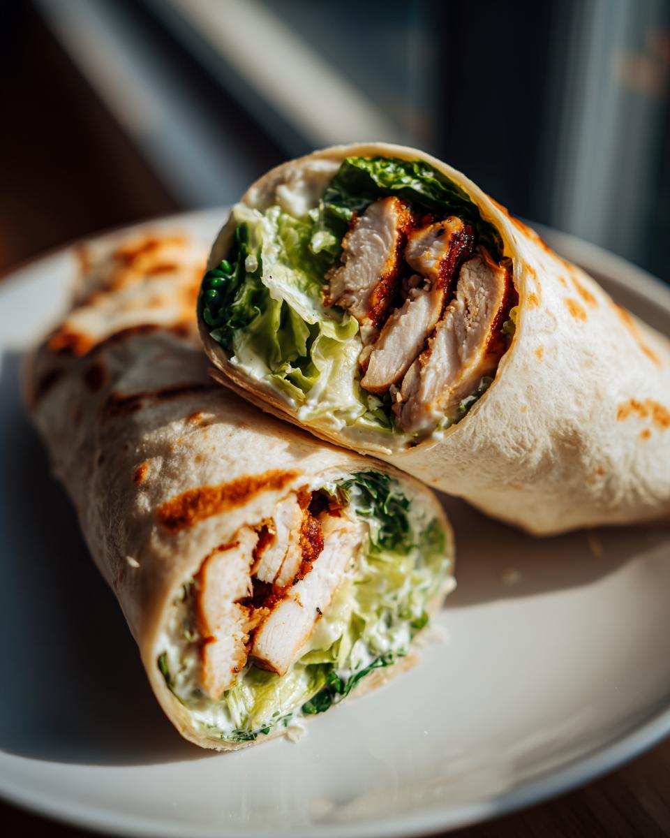 Nahaufnahme eines aufgeschnittenen Chicken Caesar Wrap, gefüllt mit gebratenen Hähnchenstücken, knackigem Salat und cremiger Sauce.