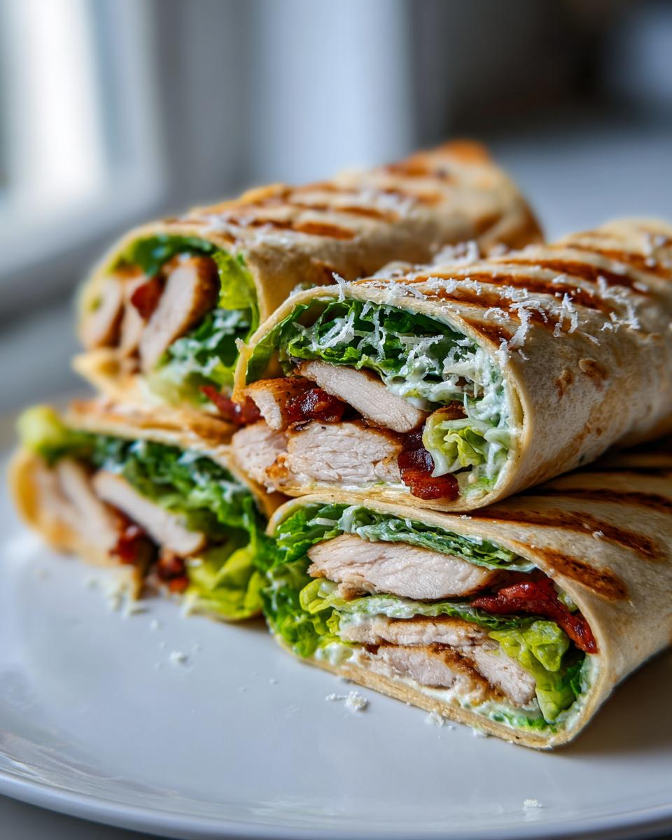 Nahaufnahme von zwei aufgeschnittenen Chicken Caesar Wraps mit saftigem Hähnchen, knackigem Salat und Käse.