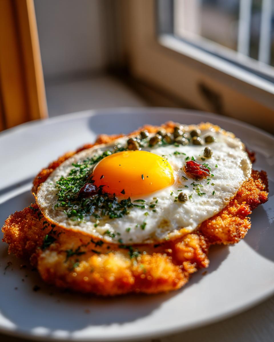 Knuspriges Schnitzel Holsteiner Art, belegt mit einem Spiegelei, Kapern und Petersilie.