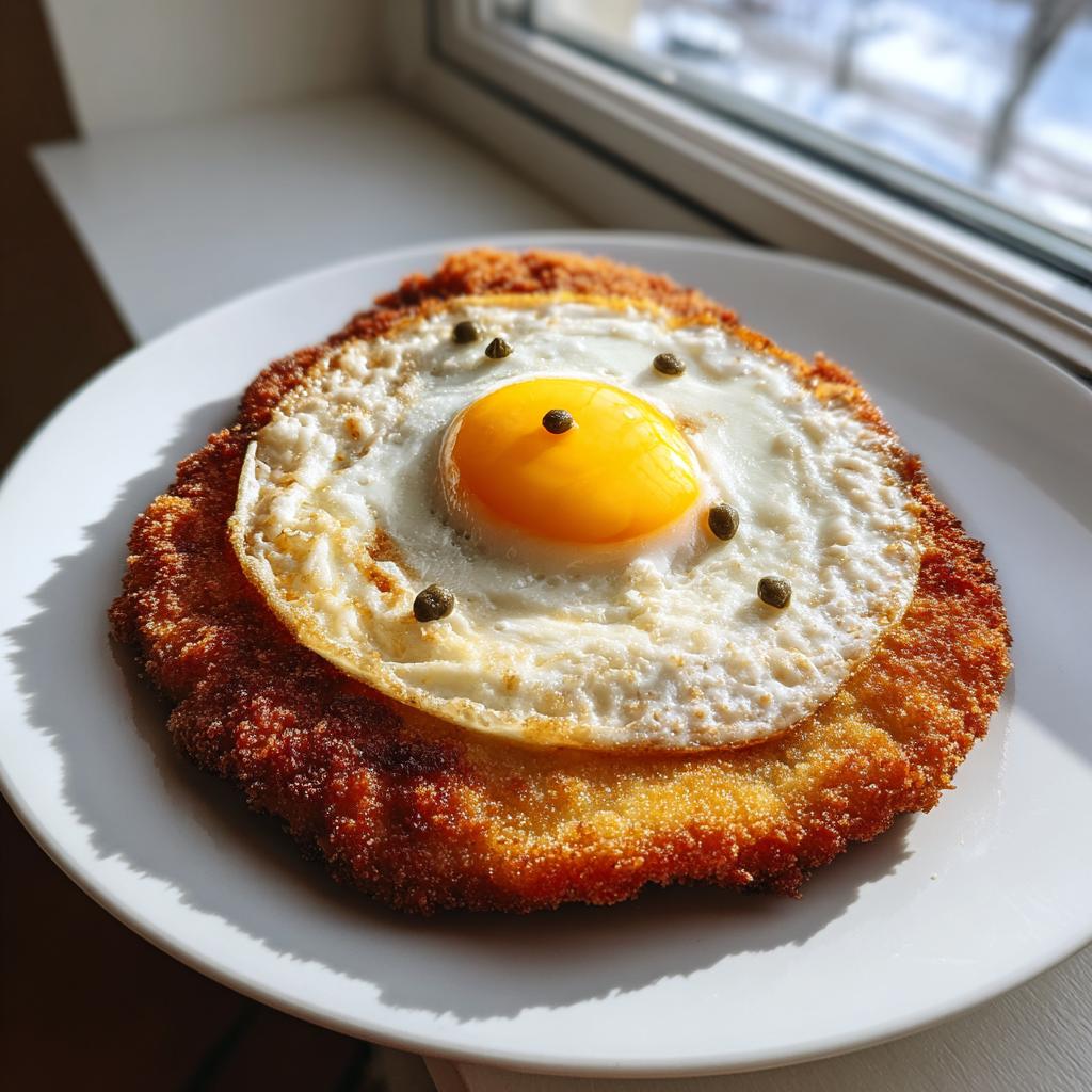Knuspriges Schnitzel Holsteiner Art, belegt mit einem Spiegelei und garniert mit Kapern.