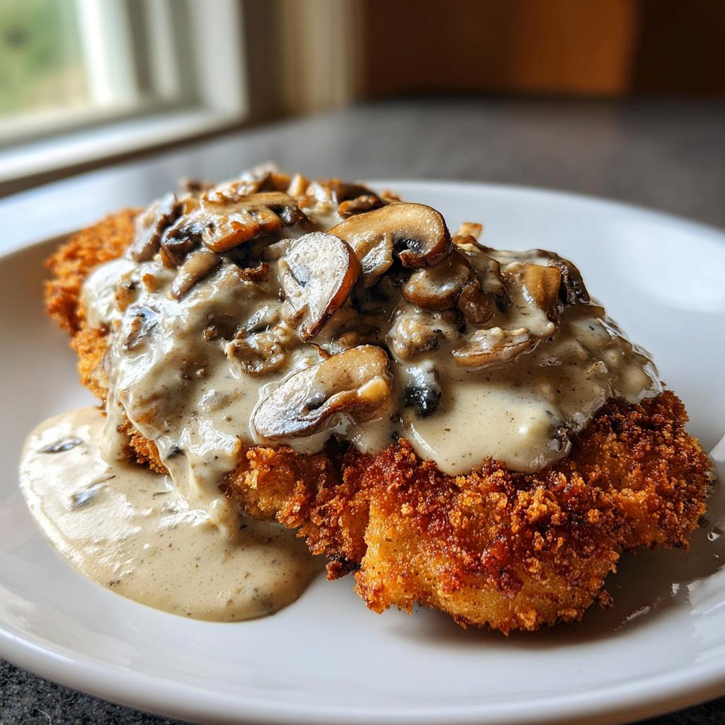 Ein goldbraun paniertes Schnitzel übergossen mit cremiger Champignon-Sahnesauce.