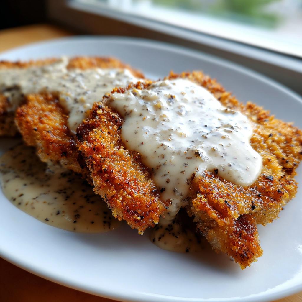 Nahaufnahme von panierten Schnitzeln, großzügig bedeckt mit cremiger Schnitzel mit Pfefferrahmsauce.