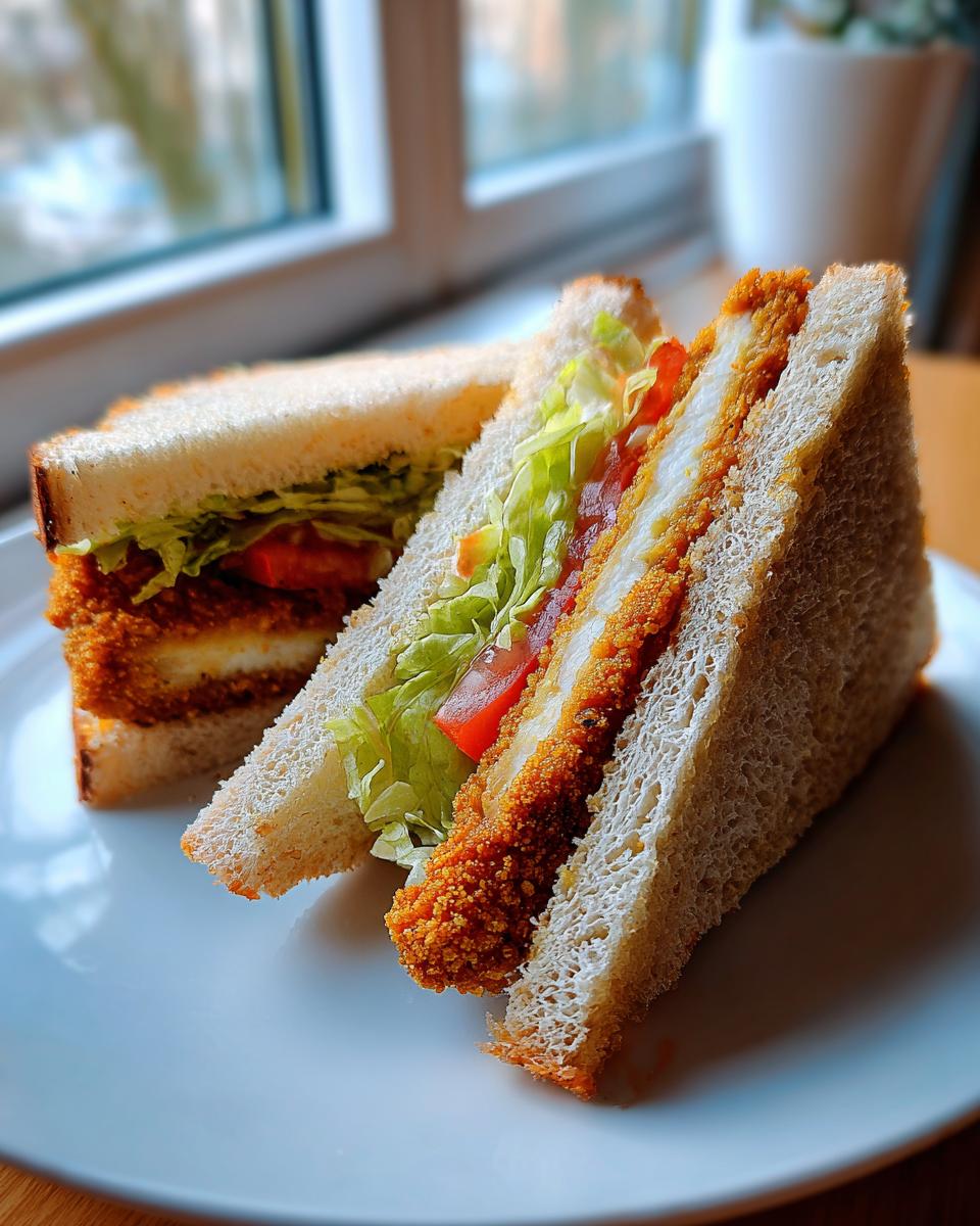 Zwei Hälften eines köstlichen Schnitzel-Sandwichs mit knusprigem Paniermehl, Salat und Tomaten auf Weißbrot.