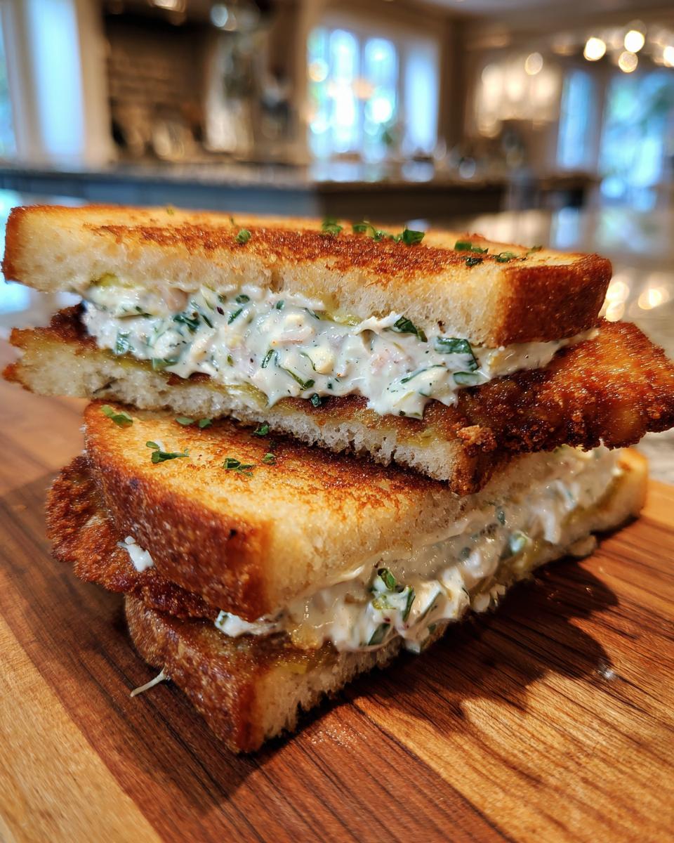 Zwei Hälften eines knusprigen Schnitzel-Sandwich mit Remoulade, übereinander gestapelt auf einem Holzbrett.