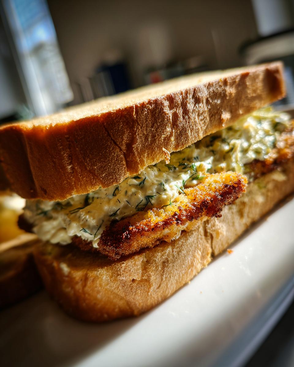 Nahaufnahme eines saftigen Schnitzel-Sandwich mit Remoulade auf getoastetem Brot.
