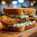Nahaufnahme eines knusprigen Schnitzel-Sandwich mit Remoulade zwischen zwei Scheiben getoastetem Brot.