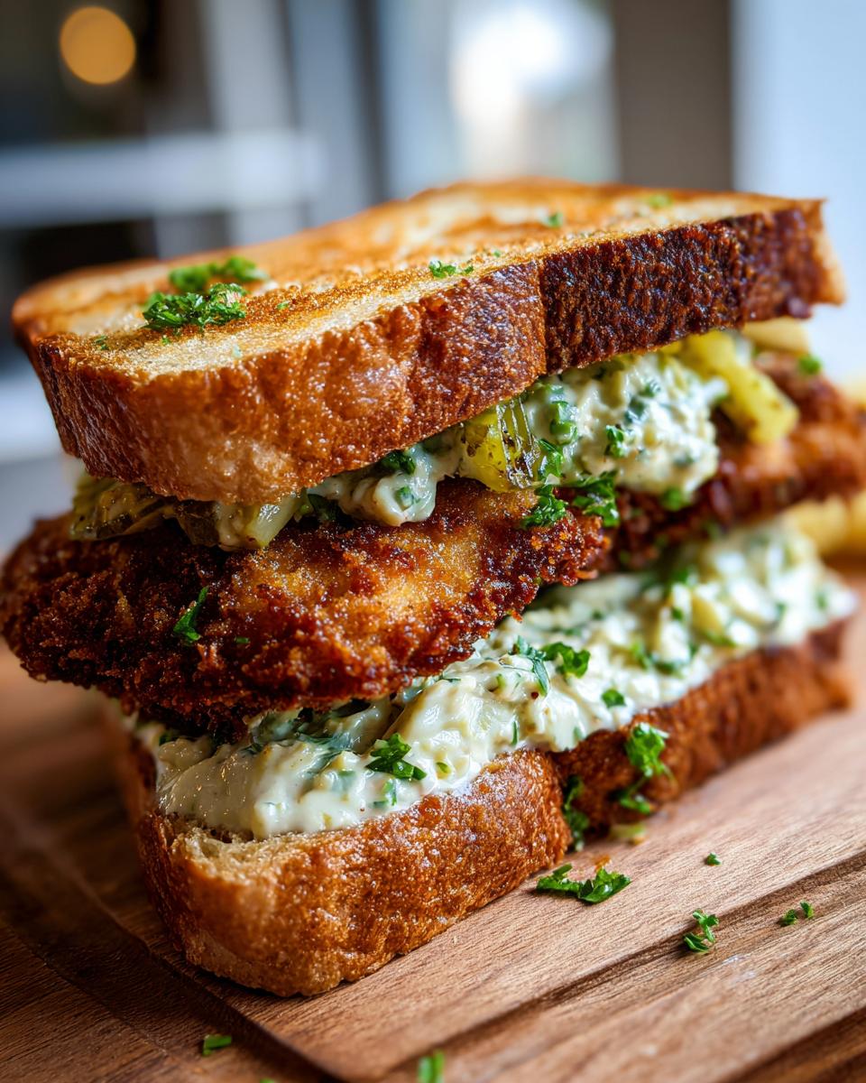 Nahaufnahme eines üppigen Schnitzel-Sandwich mit Remoulade auf getoastetem Brot, reichlich belegt.