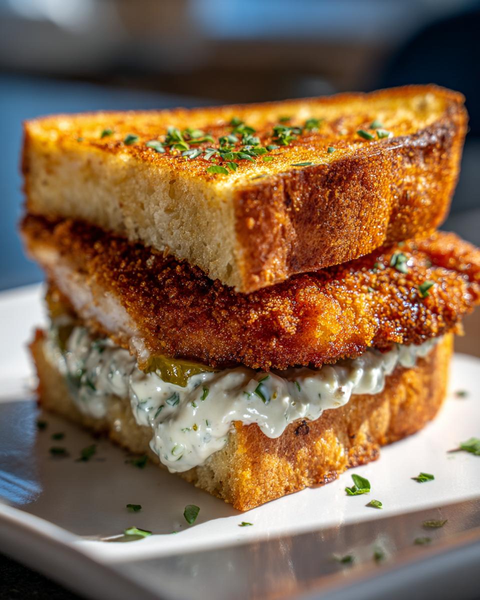 Nahaufnahme eines saftigen Schnitzel-Sandwich mit Remoulade auf getoastetem Brot, bestreut mit Kräutern.