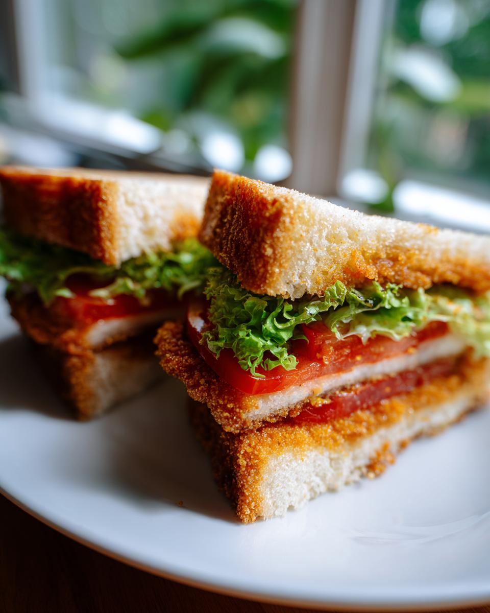 Zwei Hälften eines köstlichen Schnitzel-Sandwichs mit knusprigem Paniermehl, Tomate und Salat auf einem weißen Teller.