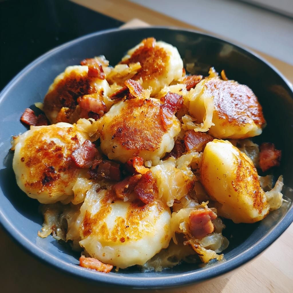 Nahaufnahme einer Schüssel mit goldbraun gebratener Schupfnudel-Pfanne mit Sauerkraut und knusprigem Speck.