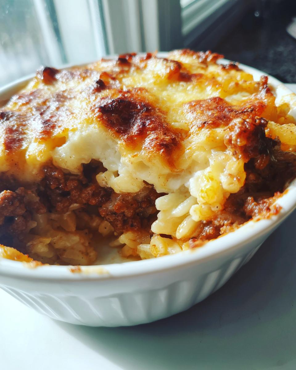 Nahaufnahme vom Serbischer Orzo-Auflauf mit Hackfleisch und einer goldbraun überbackenen Käse- oder Kajmak-Schicht.