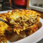 Ein Löffel mit einer Schicht Serbischer Orzo-Auflauf mit Hackfleisch und goldbrauner Käsekruste wird herausgehoben.