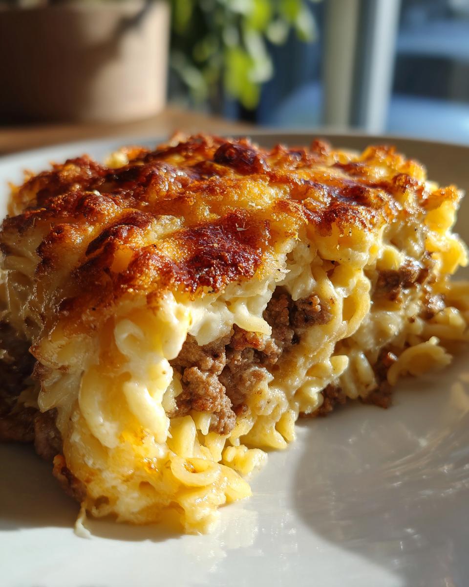 Nahaufnahme eines saftigen Stücks Serbischer Orzo-Auflauf mit Hackfleisch und goldbraun gebackener Käsekruste.