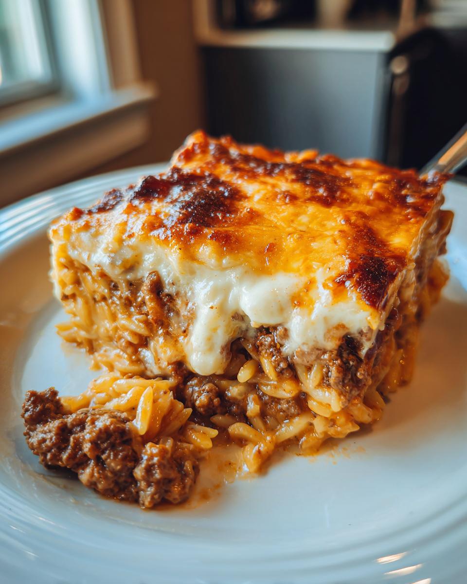 Nahaufnahme eines saftigen Stücks Serbischer Orzo-Auflauf mit Hackfleisch und goldbraun überbackener Käsehaube.