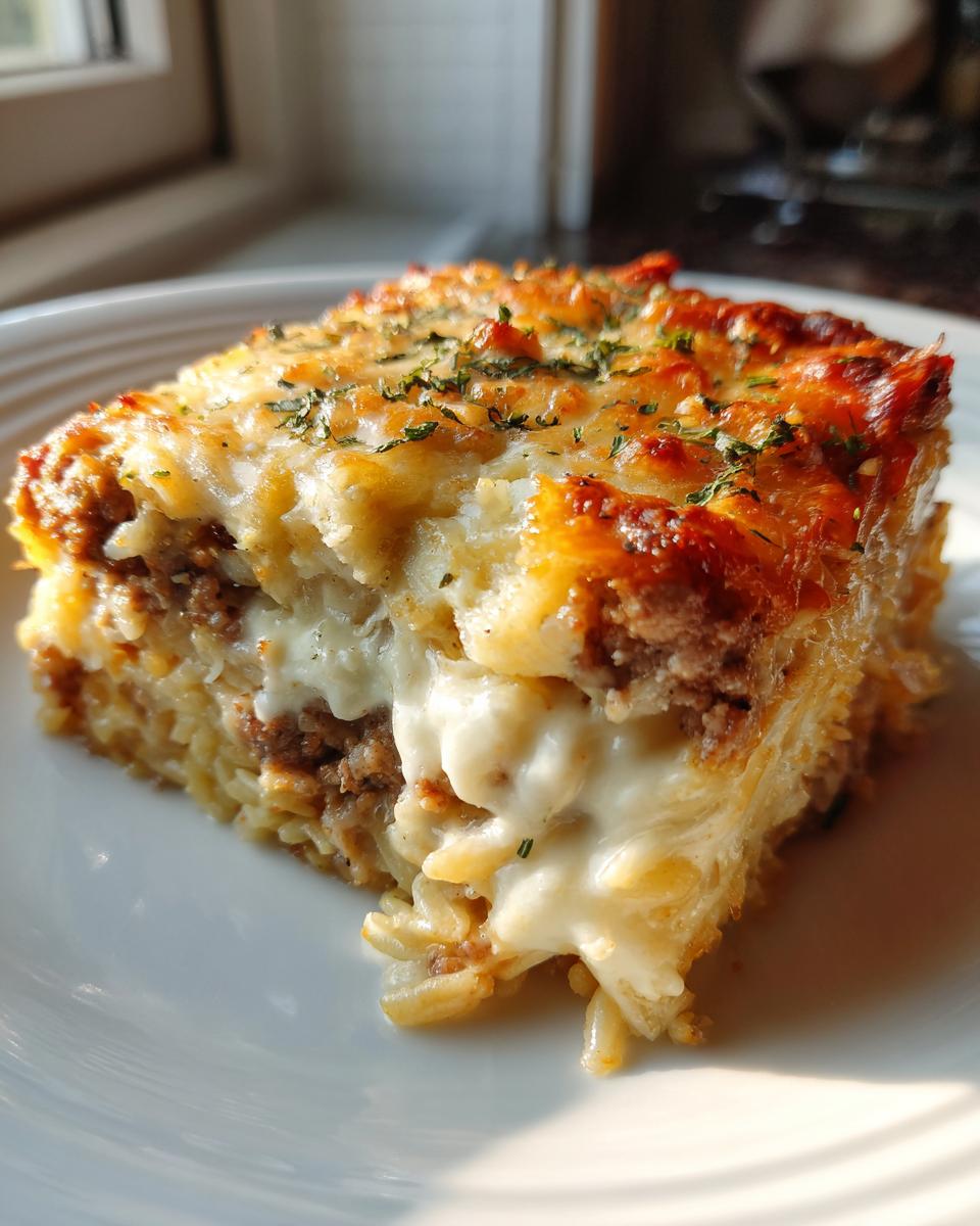Ein saftiges Stück Serbischer Orzo-Auflauf mit Hackfleisch und einer cremigen, goldbraun überbackenen Käseschicht.