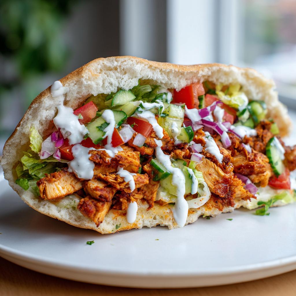 Nahaufnahme eines aufgeschnittenen Fladenbrots gefüllt mit gewürztem Fleisch, Salat, Gurken, Tomaten und viel weißem Joghurt-Dressing: das perfekte Shawarma-Bowl im Brot.