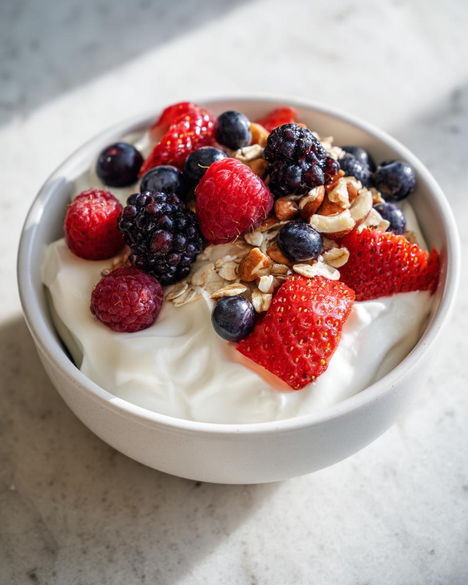 Nahaufnahme einer cremigen Skyr-Bowl mit Haferflocken, Himbeeren, Brombeeren, Blaubeeren und Erdbeeren.