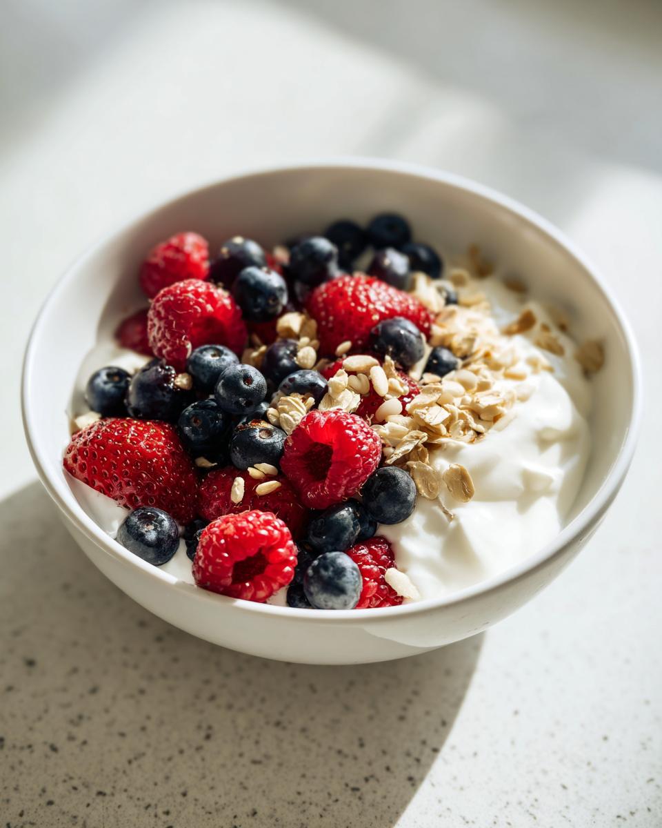 Nahaufnahme einer weißen Schüssel mit Skyr-Bowl mit Haferflocken und frischen Beeren wie Erdbeeren und Blaubeeren.