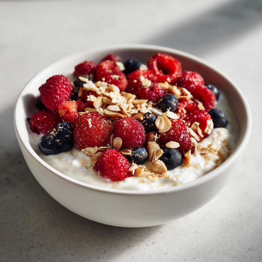 Nahaufnahme einer cremigen Skyr-Bowl mit Haferflocken, Himbeeren und Blaubeeren – perfekt für die Skyr-Bowl mit Haferflocken.