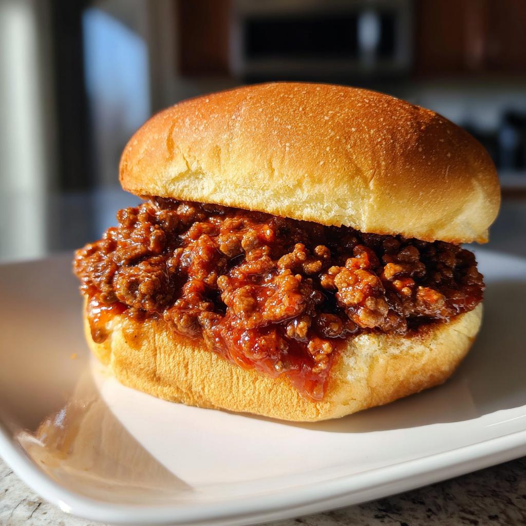 Ein appetitliches Sloppy Joe Sandwich mit reichlich würziger Hackfleischfüllung in einem weichen Brötchen.