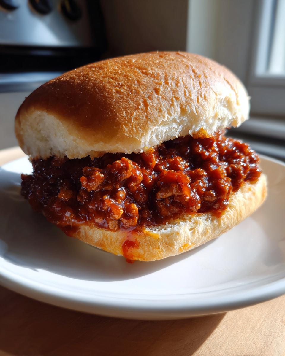 Nahaufnahme eines saftigen Sloppy Joe Sandwich auf einem weißen Teller, gefüllt mit würziger Hackfleischsauce.