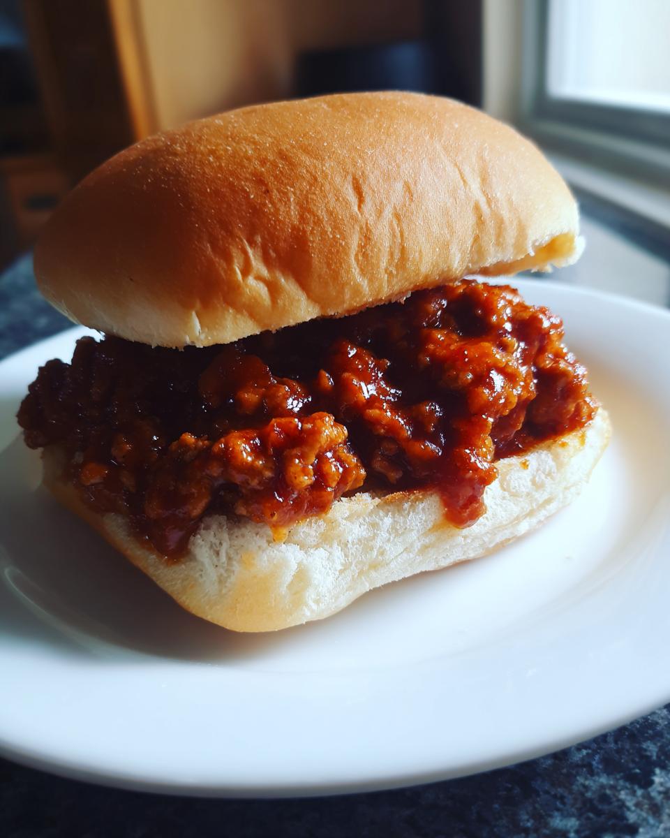 Ein saftiges Sloppy Joe Sandwich mit viel Fleischfüllung in einem weichen Brötchen auf einem weißen Teller.