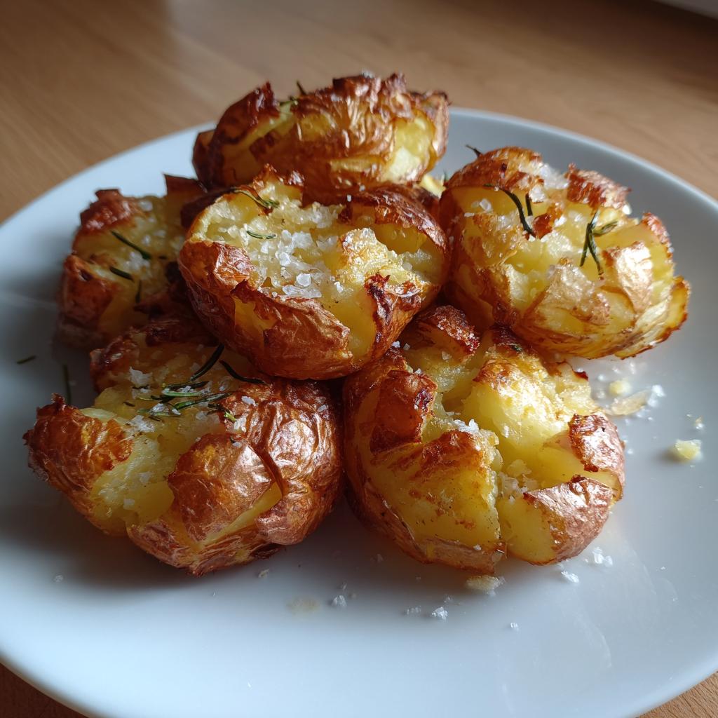 Nahaufnahme von knusprigen Smashed Potatoes aus dem Ofen, bestreut mit grobem Salz und Rosmarin.
