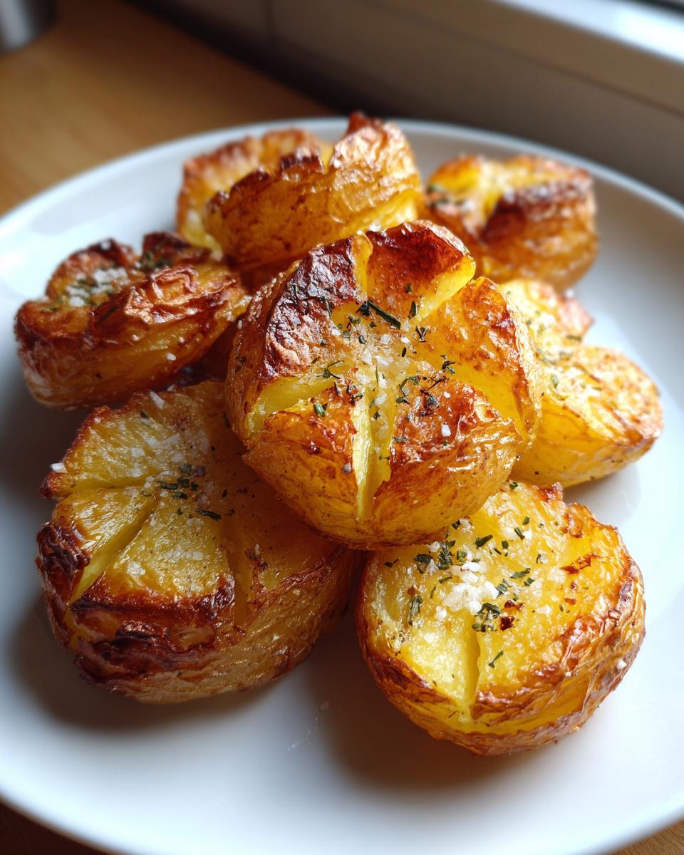 Nahaufnahme von goldbraunen, zerdrückten Smashed Potatoes aus dem Ofen, bestreut mit grobem Salz und Kräutern.