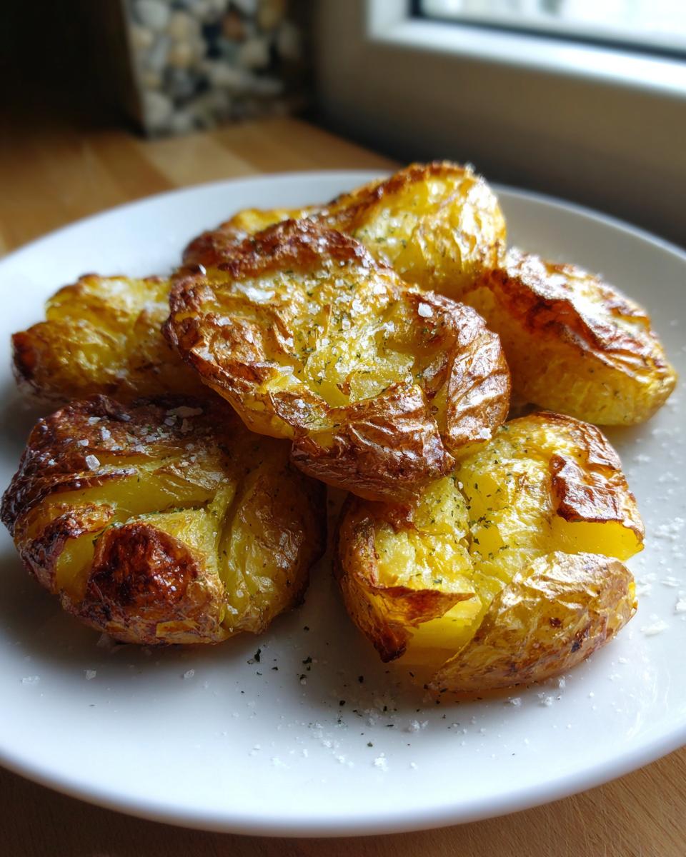 Nahaufnahme von goldbraunen, knusprigen Smashed Potatoes aus dem Ofen, bestreut mit grobem Salz.