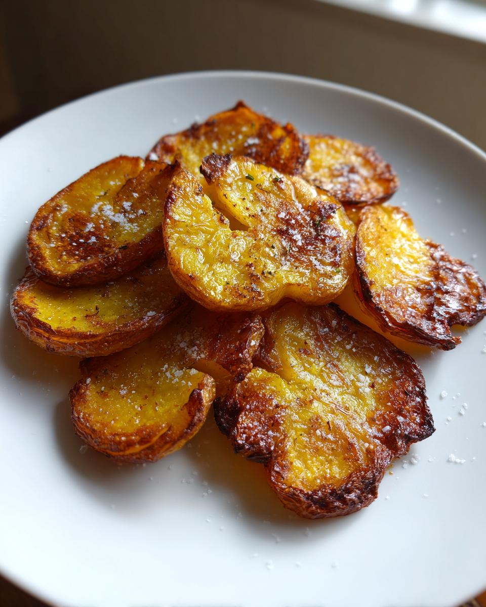 Goldbraun gebackene Smashed Potatoes aus dem Ofen, bestreut mit grobem Salz auf einem weißen Teller.