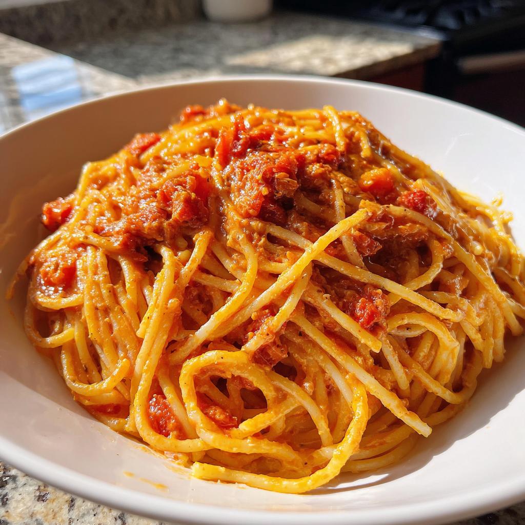 Nahaufnahme von cremigen Spaghetti mit Frischkäse-Tomatensauce in einer weißen Schüssel.