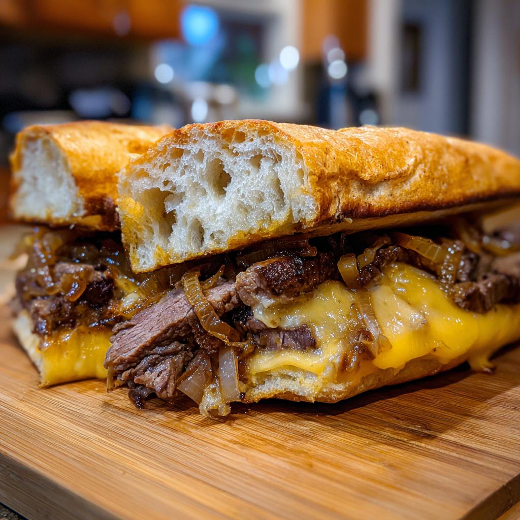 Nahaufnahme eines aufgeschnittenen Steak-Käse-Sandwichs mit saftigem Fleisch, geschmolzenem Käse und karamellisierten Zwiebeln.