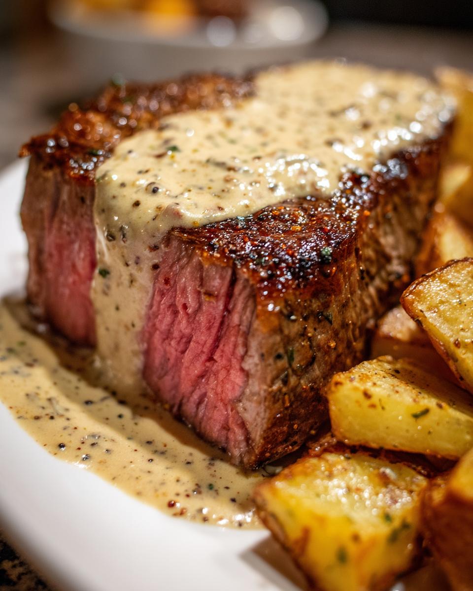 Nahaufnahme eines perfekt gegarten Steaks mit rosa Kern, bedeckt mit cremiger Pfefferrahmsauce und dazu Ofenkartoffeln.