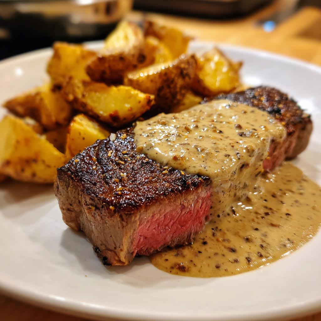 Anschnitt eines perfekt gegarten Steaks mit cremiger Pfefferrahmsauce und knusprigen Ofenkartoffeln.
