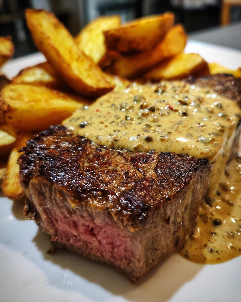 Nahaufnahme eines perfekt gegarten Steaks mit rosa Kern, bedeckt mit cremiger Pfefferrahmsauce, dazu goldbraune Ofenkartoffeln.