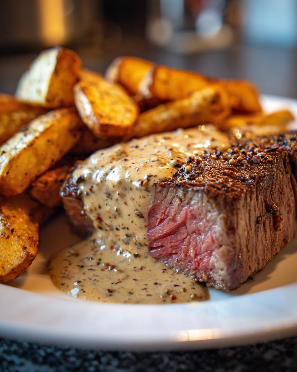 Nahaufnahme eines perfekt gegarten Steaks mit cremiger Pfefferrahmsauce und goldbraunen Ofenkartoffeln.