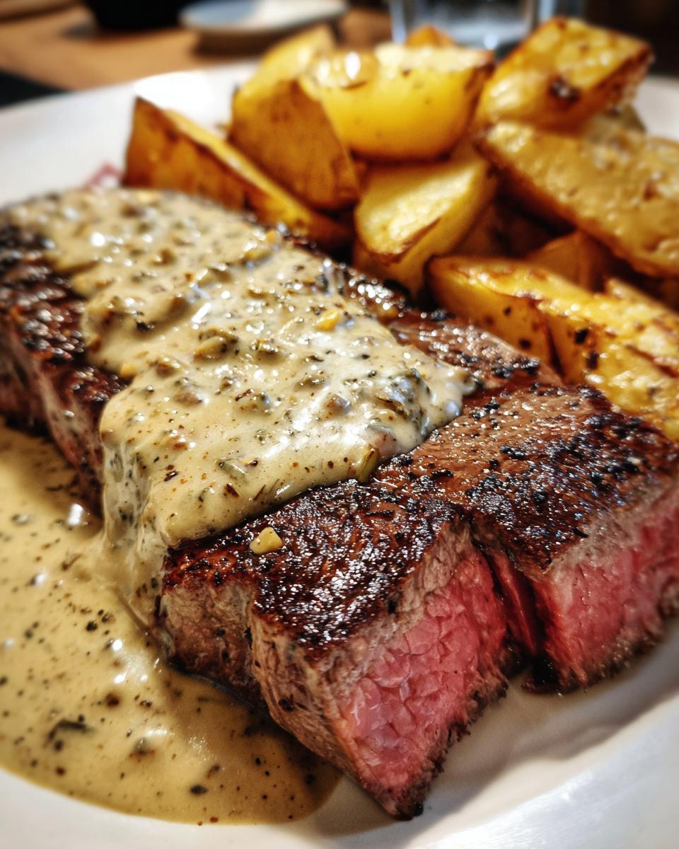 Aufgeschnittenes Steak mit Pfefferrahmsauce und goldbraunen Ofenkartoffeln auf einem Teller.