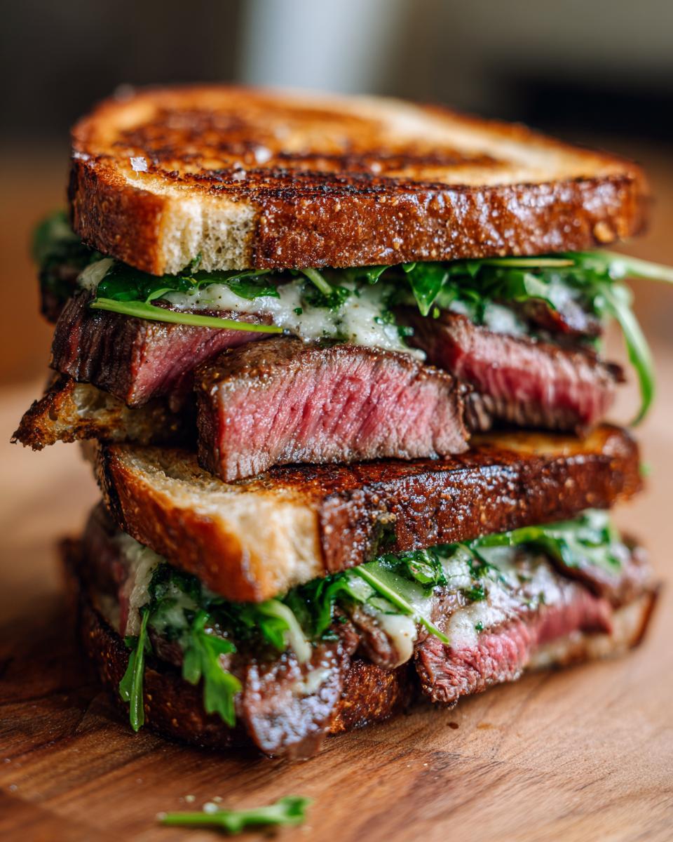 Aufgeschnittenes Steak-Sandwich mit Knoblauchbutter, saftigem Rindfleisch und Rucola auf geröstetem Brot.