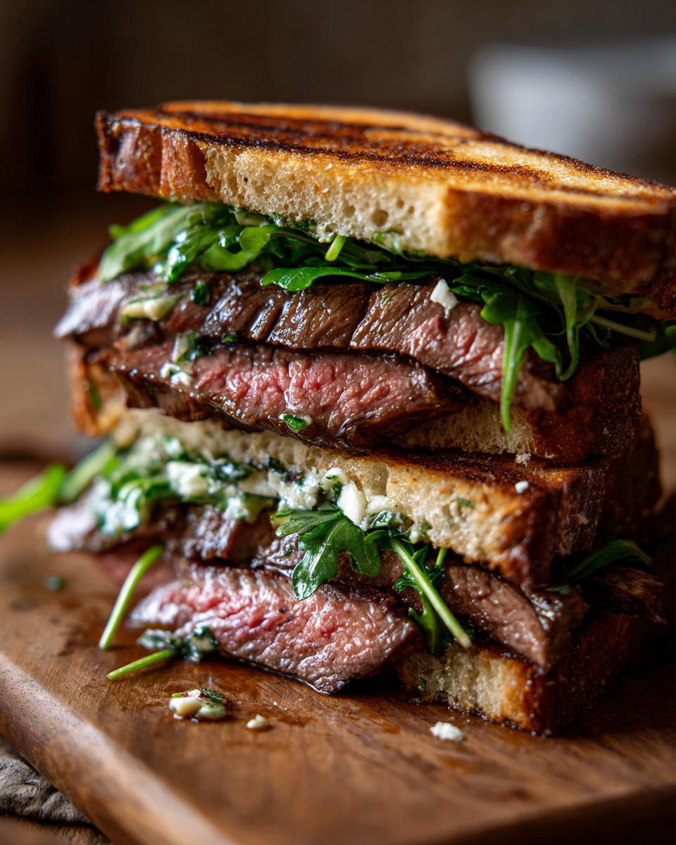 Aufgeschnittenes Steak-Sandwich mit Knoblauchbutter, saftigem Fleisch und Rucola auf geröstetem Brot.