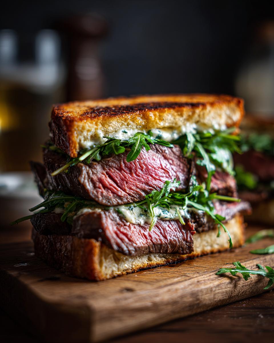 Nahaufnahme eines Steak-Sandwich mit Knoblauchbutter, belegt mit rosa gegrilltem Steak und Rucola auf geröstetem Brot.
